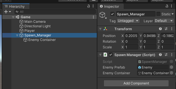 Spelling of Spawn_Manager and SpawnManager component in Inspector